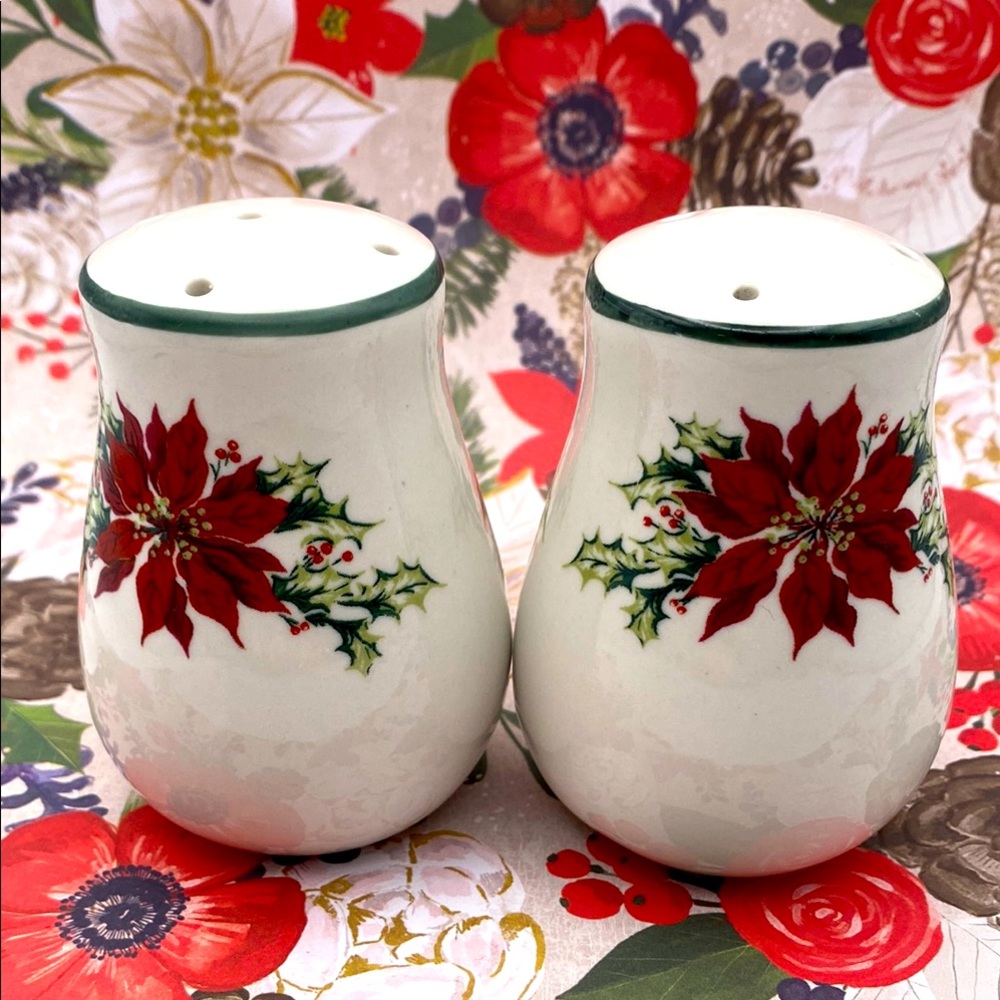 Vintage Bt Totally Today Poinsettia On Edge Green Trim Salt And Pepper Shakers